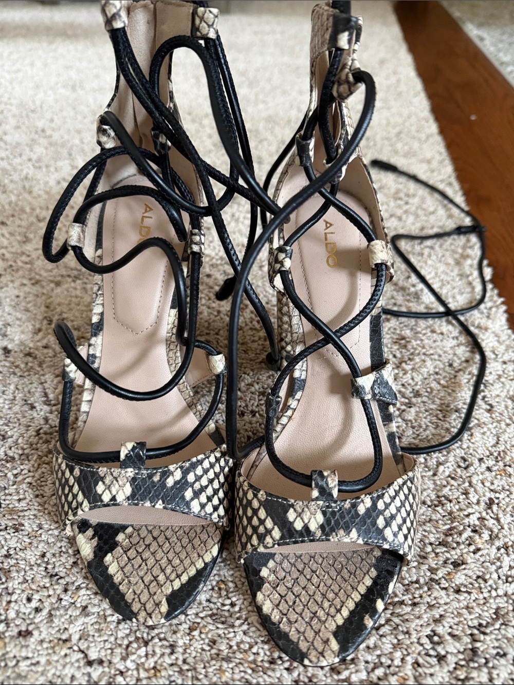 Aldo Snake-Print Lace-Up Heels in Black and Beige
